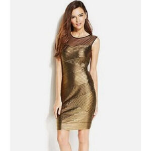 Calvin Klein Metallic Gold Mesh Yoke Banded Foil Jersey Dress Sleeveless Size 12